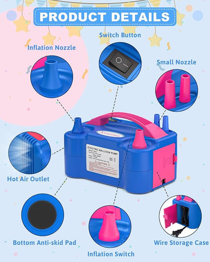 Electric Balloon Pump, Balloon Inflator Machine for Balloons at Home, Portable Dual Nozzle Air Pump Balloon Inflator/Blower Bulk Balloons Filling for Kids Party Decoration(Blue,110V)