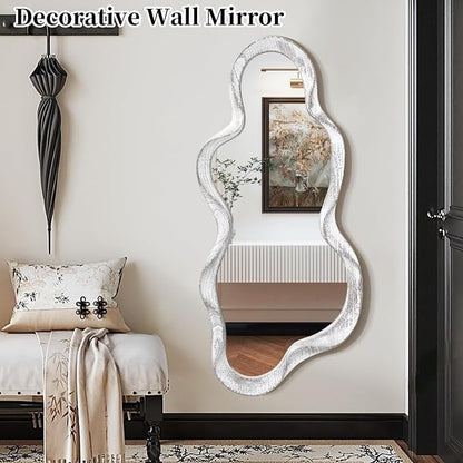 Large Asymmetrical Wall Mirror Irregular Wood Frame Modern Unique Wall-Mounted Artistic Wavy Mirror Decor Bathroom Vanity Bedroom Living Room Entryway Hallway 47" x 22" Natural