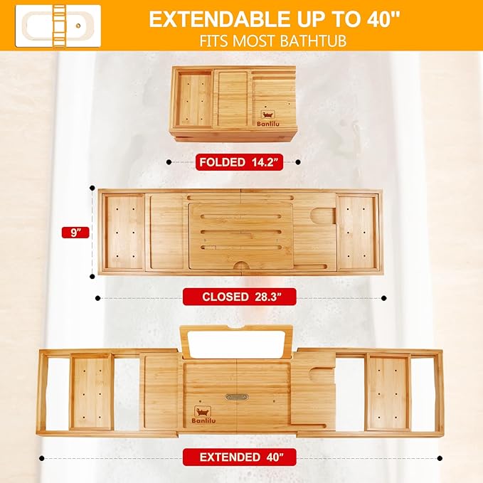 Premium Bathtub Tray Caddy with Makeup Mirror Bamboo - Bath Tray Expandable- Unique House Warming Gifts, New Home, Anniversary & Wedding Gifts for Couple, Bridal Shower Gift for Wome
