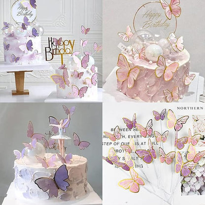 20PCS Gold Pink Purple Butterfly Cupcake Toppers - Handmade Cake Decorations for Girls Baby Shower Wedding Birthday Party Decor - Mixed Size