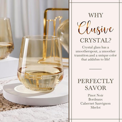 Amber Stemless Wine Glass Set of 6-17oz Wine Glasses, Stemless Drinking Glasses for Wine, Cocktails & Beverages - Elegant Glassware for Home, Bar & Holiday Use