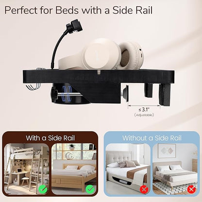 Bedside Shelf for Dorm Bed & Top Bunk, Bamboo Bed Side Table Tray with Cup Phone Holder & Hooks, Bedside Caddy, Clip on Nightstand Bedside Storage College Dorm Room Essentials (Black)