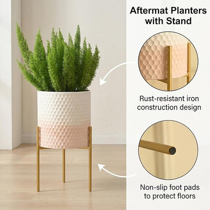 Modern Planter Pots, Set of 2 White Pink Planters with Stand, Decorative Planters, Metal Pots with Drainage Holes for Living Room, Office, Garden