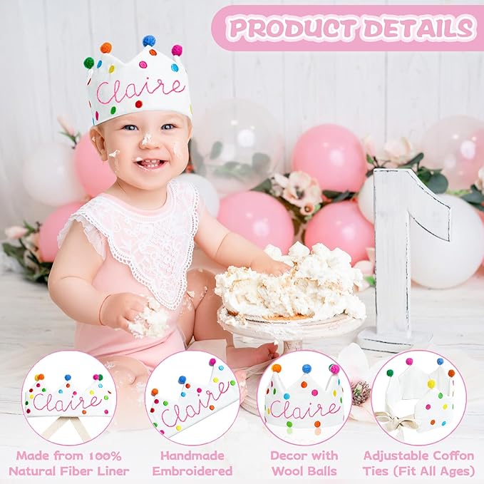 Personalized Hand Embroidered Crown Custom 1st First Birthday Crown Hats For Baby Kid Birthdays Fit All Ages