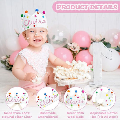 Personalized Hand Embroidered Crown Custom 1st First Birthday Crown Hats For Baby Kid Birthdays Fit All Ages