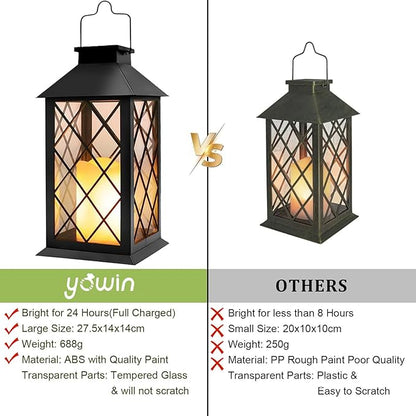 Yowin Solar Lanterns Outdoor Waterproof 2 Pack 14" Large Tempered Glass Hanging Solar Lantern with Flameless Candle, Garden Gifts, Wall Lamp for Backyard Porch Patio Lawn Vintage Decorations - Black