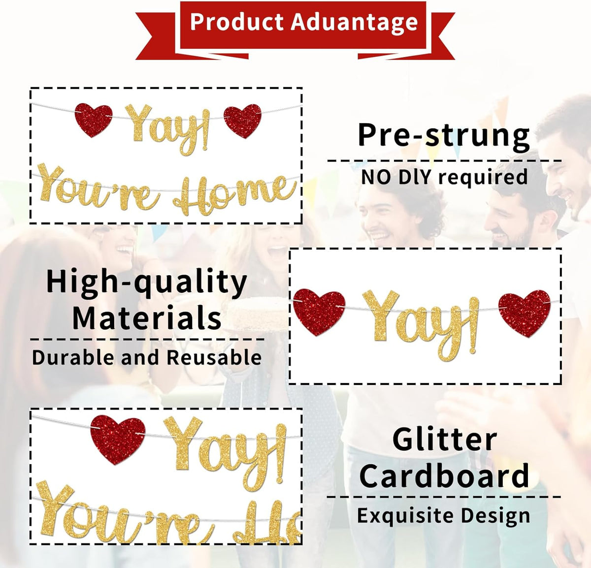 Gold Glitter Welcome Home Banner, Yay! You're Home Banner for Welcome Back, Housewarming & Military Return Party Decorations & Decor, No DIY.