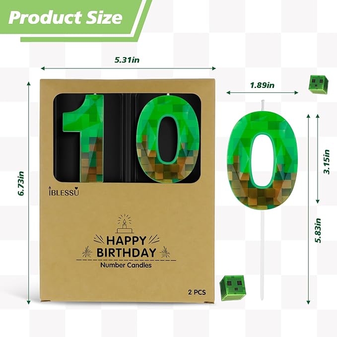 Pixel Birthday Candle, 2.68 Inch Miner Number Candles, Game Themed Candle Birthday Decoration for Pixel Theme Birthday Anniversary Dynamite Video Game Party (Green, 10)