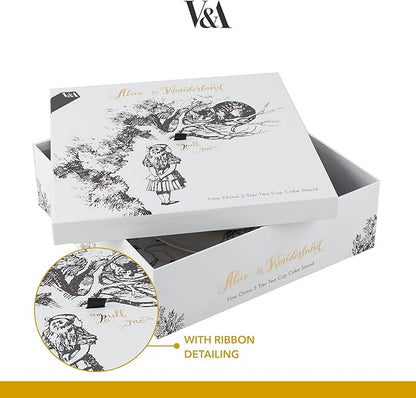 V&A Alice in Wonderland 3 Tier Cake Stand Serving Set, Cake Standing Set, Gift Boxed, White