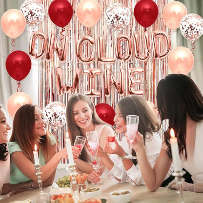 Bride On Cloud Wine Balloon Banner for Wine Bachelorette Party Decoration, Rose Gold Letter Balloons with Balloon Arch Tassel Curtain for On Cloud 9 Bridal Shower Decorations