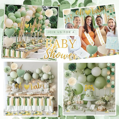 Baby Shower Decoration, Sage Green Gender Neutral Baby Shower Party Decorations with Balloons, Oh Baby Banner, Pom Poms, Cake Topper, Confetti, Mom To Be Shoulder Sash for Boy Girl Baby Showers Decor