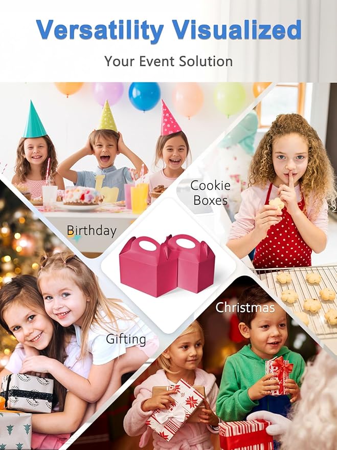 Shallive 25 Pcs Small Party Treat Boxes, 6 Inch Candy Cookie Goodie Gift Bags Gable Box for Kids Birthday Party, Pink