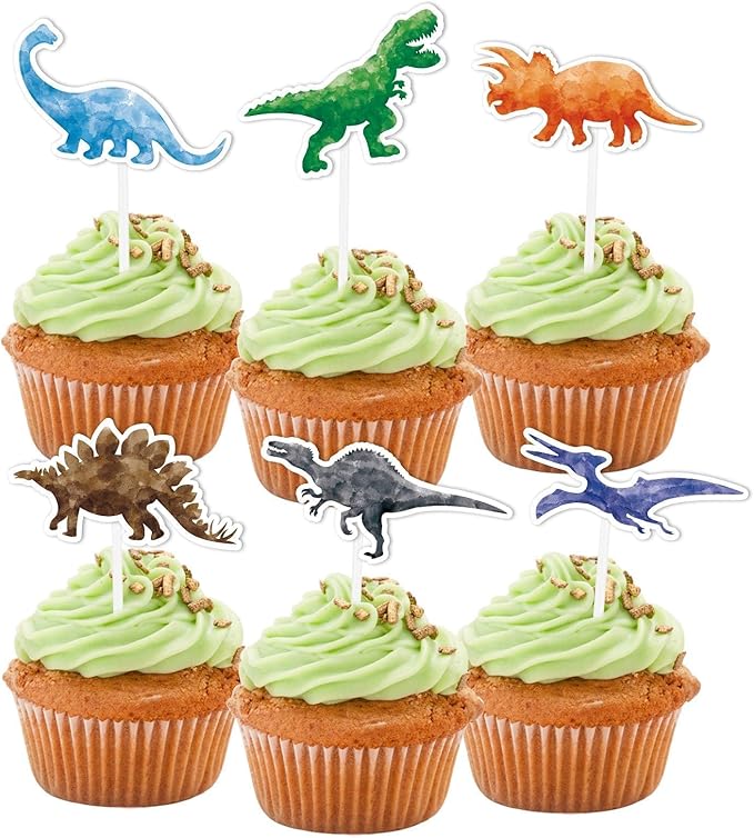 WERNNSAI 36 PCS Dinosaur Cake Toppers - Dinosaur Birthday Decorations Dino Cupcake Toppers Watercolor Happy Birthday Cupcake Topper Dino Cake Decorations