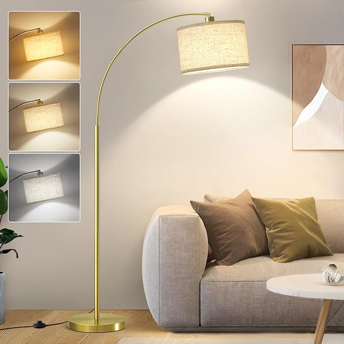 Luvkczc Arc Floor Lamp, 71" Tall Standing Lamp with On/Off Foot Switch, Gold Floor Lamp for Living Room with Adjustable Drum Lampshade, Over Couch Arched Reading Light for Reading, Bedroom, Office