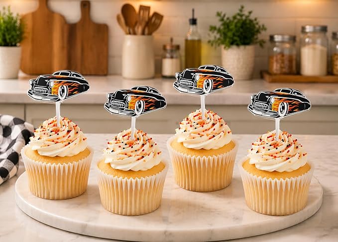Classic Car Party Decorations - 12 Classic Cars Cupcake Topper Picks - Classic Car Birthday Party Decoration - 1950s Hot Rod Car Cupcake Toppers - Vintage Car Party Decorations