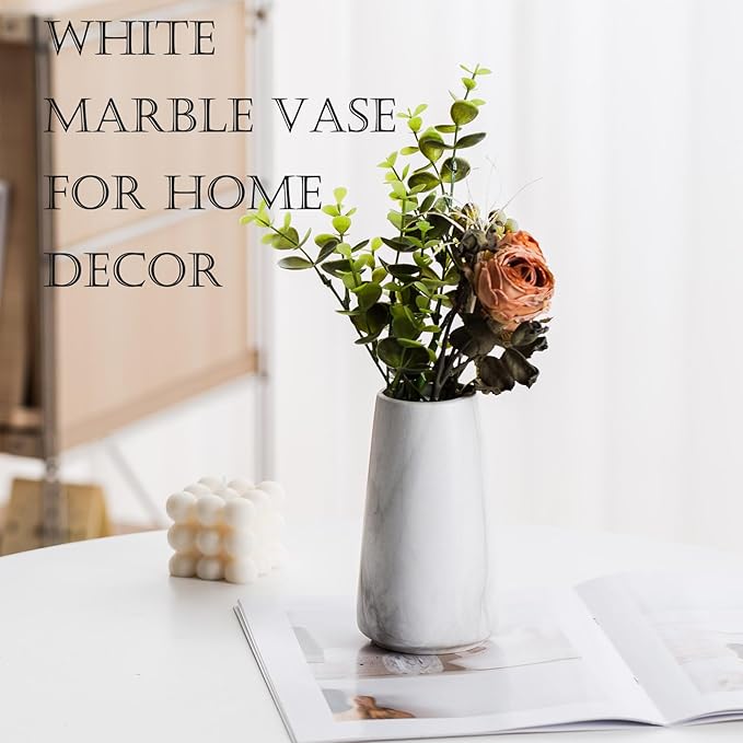 Marble White Vase - 6“ White Ceramic Flower vase, Boho Vases for Pampas Grass, Minimalist Modern vases for Home Decor, Table Shelf Living Room Farmhouse Decor