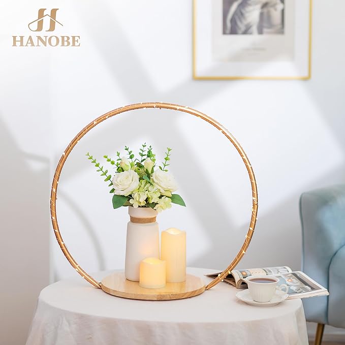 Hanobe Gold Cake Stand for Wedding: 11.7 Inch Round Arch Cupcake Display Stands with Wood Base Decorative Metal Hoop Centerpiece Decor for Party Birthday Baby Shower