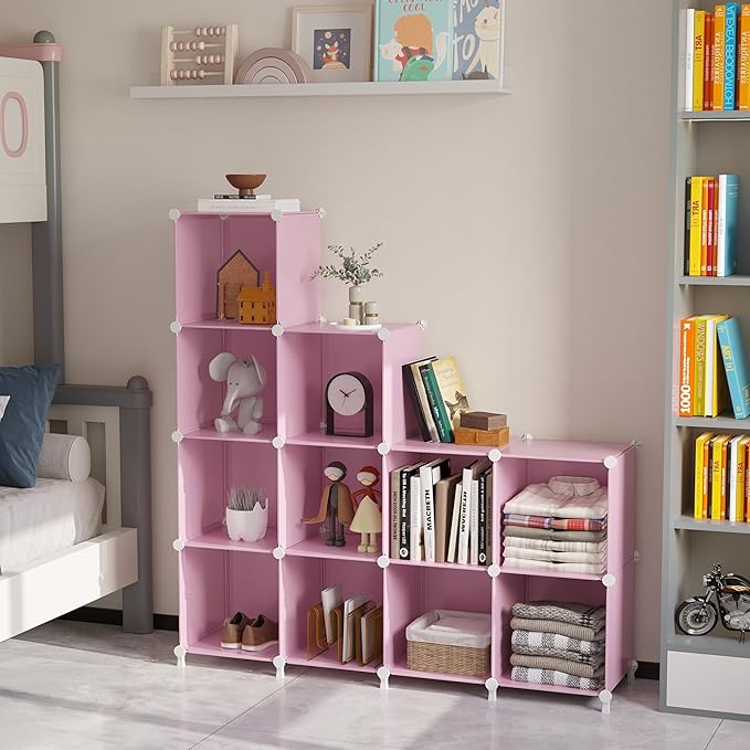 AWTATOS Cube Storage Organizer Protable Closet Organizers and Storage for Kids DIY Stackable 12 Cube Storage Shelves Clothes Organizer for Bedroom, Home, Pink