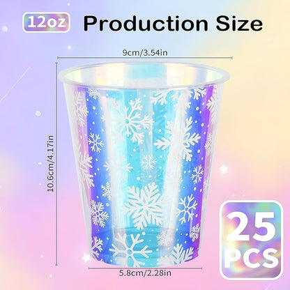 25 Winter Plastic Cups Iridescent Snowflake Party Cups 12oz Frozen Shiny Snowflakes Disposable Drinking Cups for Birthday Wedding New Year Holiday Party Supplies