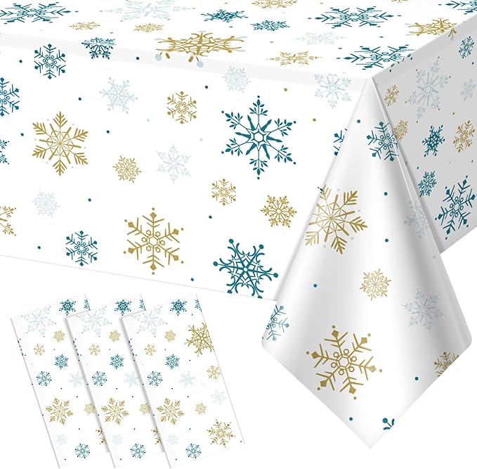 3Pcs Snowflake Plastic Tablecloth Christmas Snowflake Disposable Table Cloth White Blue and Gold Winter Wonderland Table Cover for Winter Holiday Christmas Birthday Party Decorations,54x108 Inch