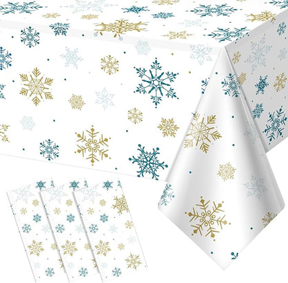 3Pcs Snowflake Plastic Tablecloth Christmas Snowflake Disposable Table Cloth White Blue and Gold Winter Wonderland Table Cover for Winter Holiday Christmas Birthday Party Decorations,54x108 Inch