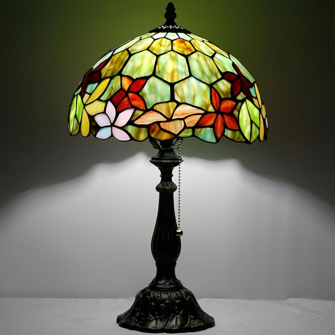 Tiffany Table Lamp Stained Glass Lamp 12X12X19 Inch Antique Reading Light (Red Green Flowers)