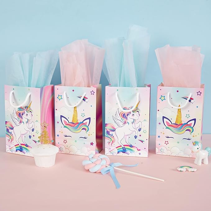 WERNNSAI 16PCS Unicorn Gift Bags - Rainbow Unicorn Party Supplies Goodie Bags for Girls Kids Birthday Unicorns Party Favor Bag with Handles Candy Treat Bag for Baby Shower Supplies