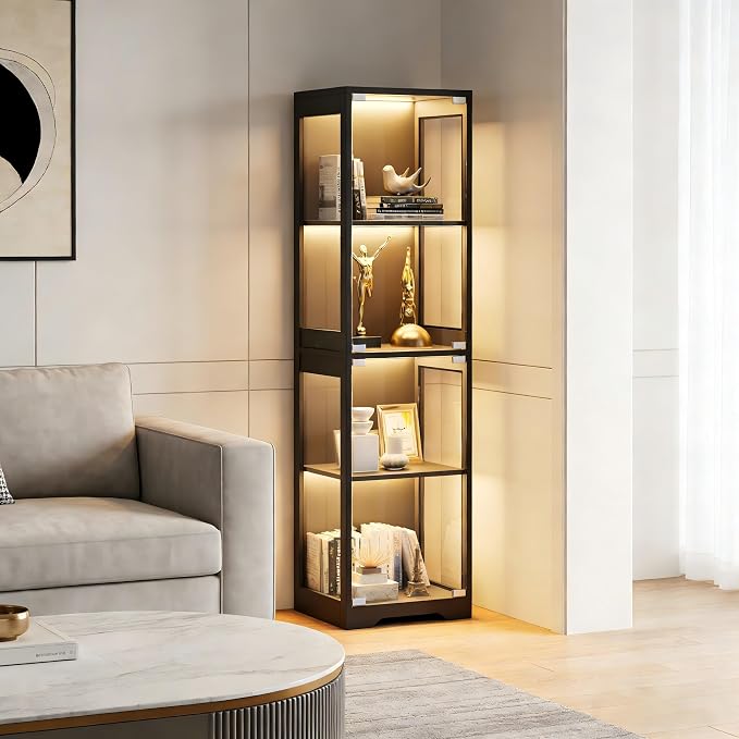 Display Cabinet with Glass Doors, Display Case with Lights and Human Body Sensor