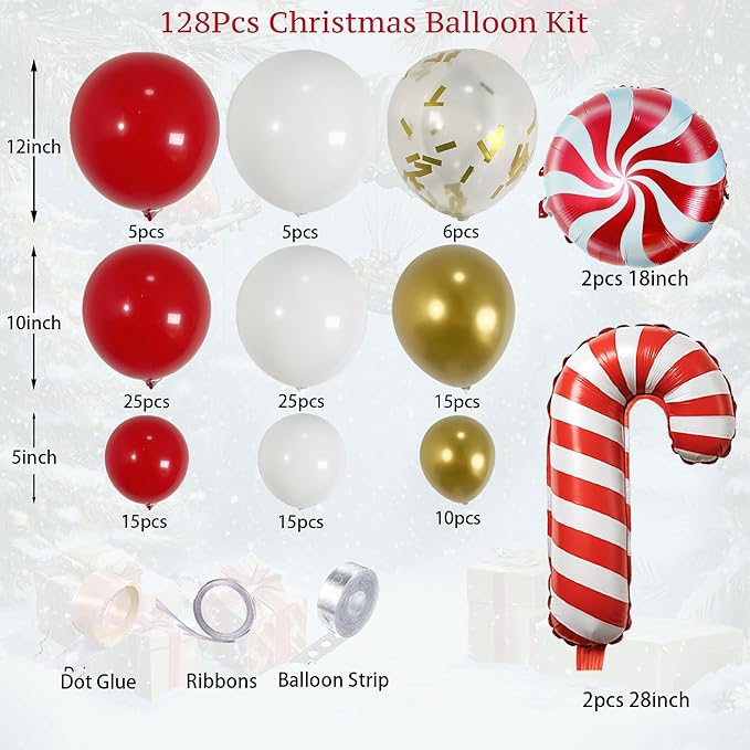 128PCS Christmas Balloon Arch Garland Kit - Red White Gold Balloons with Candy Cane Balloons for Merry Christmas Decorations, Winter Party Supplies, Xmas Balloon Arch