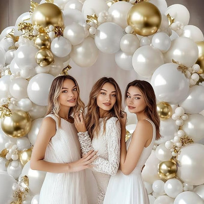 White and Gold Balloons Arch Kit - 129 pcs Double Stuffed Pearl White Sand Beige Ivory Chrome Gold Balloons for Wedding Birthday First Communion Party Decorations