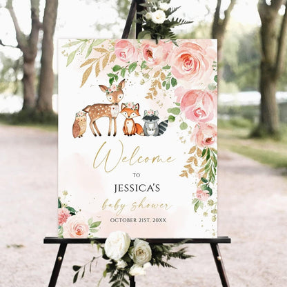 Generic Woodland Floral Baby Shower Welcome Sign, Printable, Full Size, Plastic, Rectangular, Modern, Portrait, Baby Shower Sign, Woodland Animals, Pink floral, Personalized