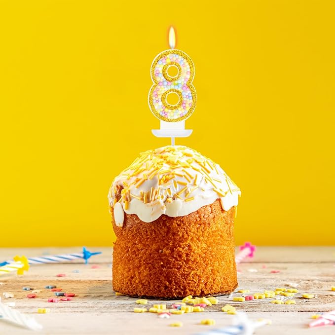 8th Birthday Candle for Cake, Colorful Macaron Numeral Candles for Girls/Boys, Birthday Party Cake Decorations, Golden Cake Topper for Birthday Party Supplies (Number 8)