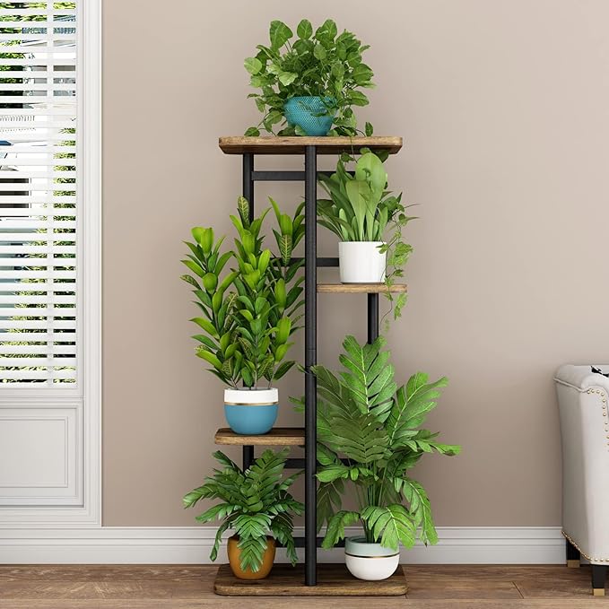 LINZINAR Plant Stand Indoor 4 Tier 5 Potted Multiple Plant Shelf Stands for Garden Corner Balcony Living Room Black