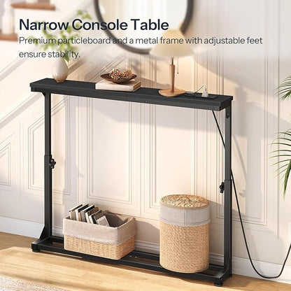 HOOBRO Narrow Console Table Set of 2 with Charging Station, Adjustable Height Sofa Table (25''-32.9''), Slim Behind Couch Table for Small Spaces, Entryway, Living Room, 78.8" Black BB95UXGP201