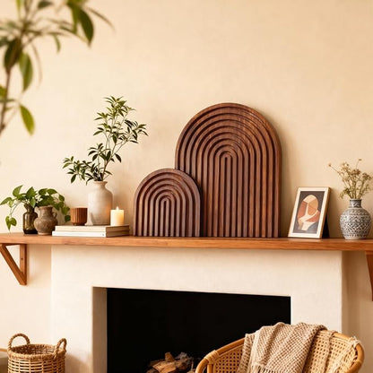 2 Pcs Dark Brown Wood Arch Decor, Boho Shelf & Serving Board for Fireplace Mantel, Kitchen Counter - Vintage Espresso Finish, Mid Century Modern Farmhouse Accents for Living Room, Home Office