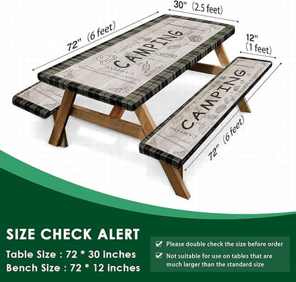 Picnic Table Cover with Bench Covers Elastic Edges, Brown Camper Fitted Table Cover, Outdoor Patio Camping Essentials 72 Inch 3PCS, Waterproof Camping Fitted Tablecloth with Drawstring Bag