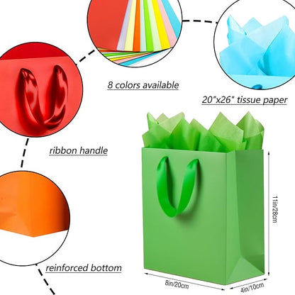 SHIPKEY 8 Rainbow Gift Bags with Tissue Paper, 8x4x11in Colorful Paper Bags for Birthday, Party, Wedding, Baby Shower, Thanksgiving (8 Colors, 20x10x28cm)