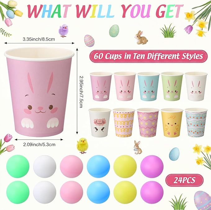 Hollowfly Bunny Party Game for Family 50 Bunny Paper Cups 24 Pastel Balls Animal Rabbit Activities Spring Carnival Throwing Toss Game for Birthday Gatherings Baby Shower Outdoor Indoor Party Supplies