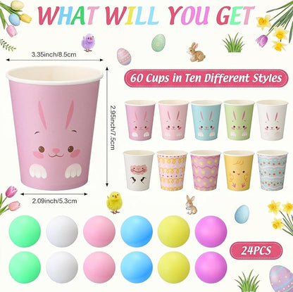 Hollowfly Bunny Party Game for Family 50 Bunny Paper Cups 24 Pastel Balls Animal Rabbit Activities Spring Carnival Throwing Toss Game for Birthday Gatherings Baby Shower Outdoor Indoor Party Supplies