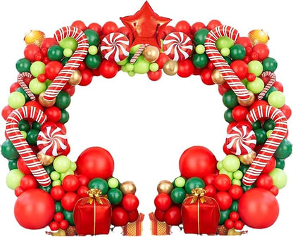 Leesoot Christmas Balloons Arch Decorations 144pcs Red Green Gold Balloons for Party Gift Star Candy Cane Balloons Indoor Outdoor Decor Christmas Balloon Garland Arch Kit
