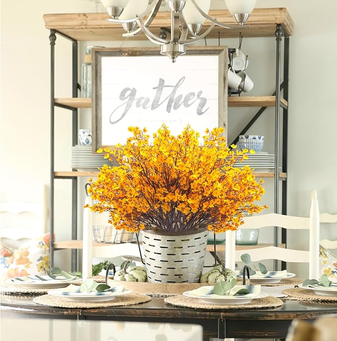 10Pcs Artificial Babys Breath Flowers, Orange Fall Flowers, Fake Silk Flowers for Home DIY Floral Arrangement Table Centerpiece Fall Thanksgiving Autumn Decoration