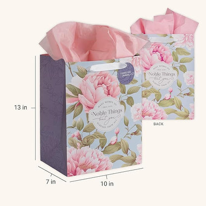 Christian Art Gifts Large Portrait Inspirational Scripture Gift Bag, Tag & Wrapping Tissue Paper Set for Moms: Noble Things Encouraging Bible Verse, Cute Sturdy Satin Ribbon Handles, Blue/Pink Floral