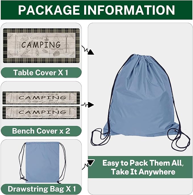 Picnic Table Cover with Bench Covers Elastic Edges, Brown Camper Fitted Table Cover, Outdoor Patio Camping Essentials 72 Inch 3PCS, Waterproof Camping Fitted Tablecloth with Drawstring Bag