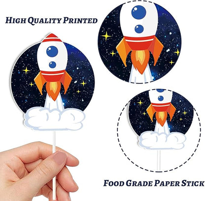 Whaline 72Pcs Outer Space Cupcake Topper 12 Designs Astronauts Rockets Spacecraft Cupcake Picks Out of Space Food Picks with Sticks Glue Point for Birthday Space Theme Party Supplies Cake Decor