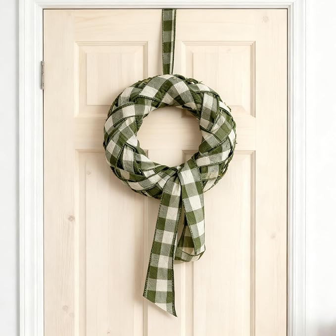Meseey 10 Yards Sage Green and White Buffalo Plaid Burlap Ribbon 4 Inch Wired Edge Farmhouse Decor Tartan Check Pattern Ribbon for Big Bow,Fall Wreath,Gift Wrapping,Crafts(Sage Green)
