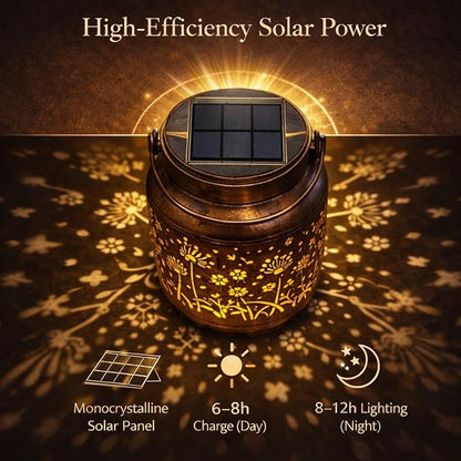 Solar Lanterns Outdoor Waterproof - Retro Metal Hanging Solar Lights with Dandelion Hollow-Out Pattern, Decorative Garden Decor for Outside Patio Yard Porch, Unique Floral Gifts for Women Mom Grandma