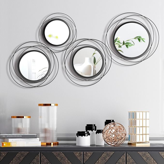 Hicarer 4 Pcs Decorative Round Modern Circle Mirror Wall Art Ring Metal Mirror Wall Mounted for Bedroom, Living Room, Entryway, Dining Room, Hallway (Black)