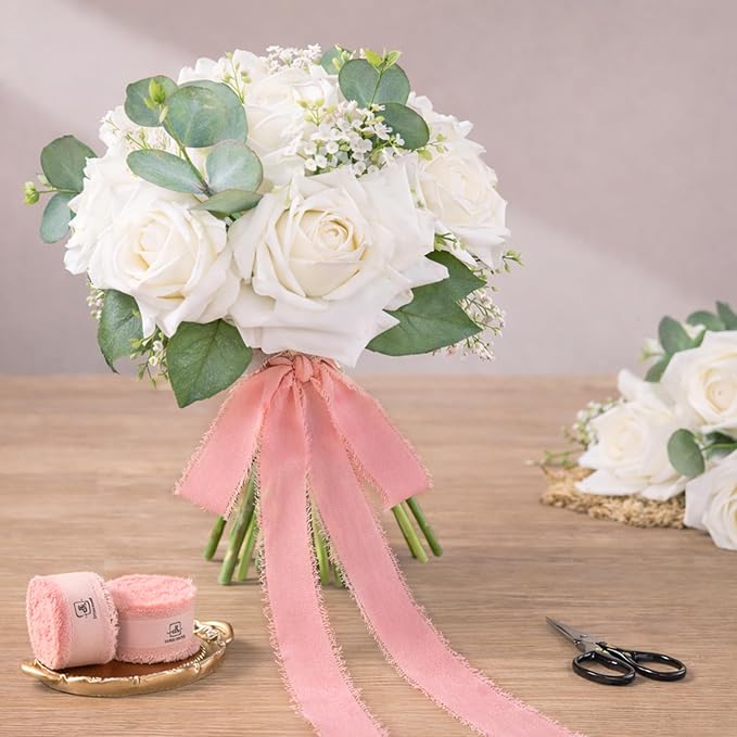 DORIS HOME Dusty Rose Chiffon Ribbon for Flower Bouquet, 1" x21Yd Fabric Ribbon for Gift Wrapping, Handmade Frayed Ribbon for Wedding Invitations/Christmas Decorations
