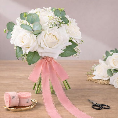DORIS HOME Dusty Rose Chiffon Ribbon for Flower Bouquet, 1" x21Yd Fabric Ribbon for Gift Wrapping, Handmade Frayed Ribbon for Wedding Invitations/Christmas Decorations