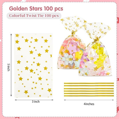 100 Pack 3x5 Inch Gold Star Clear Cellophane Treat Bags, 1.4 Mil Plastic Candy Cookie Bags with 100 Gold Twist Ties for Valentine, Classroom Gifts, Candy, Bakery, Party Favor